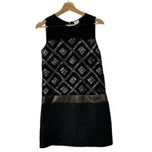 Ali Ro Black & Gold Beaded Diamond Silk Mini Shift Dress 0